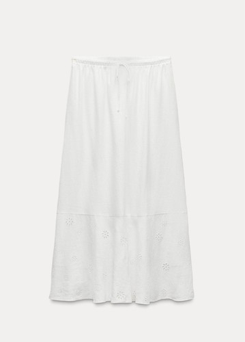 ZARA ZW COLLECTION WHITE EMBROIDERED LINEN BLEND SKIRT SIZE L