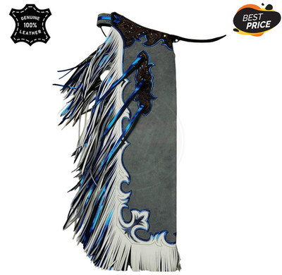 Handmade Bull Riding Leather Chaps Fringe Rodeo Cowboy Chap Blue White Western