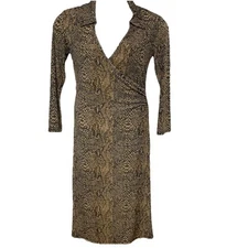 Vintage Reptile Print Sheath Dress Medium Midi Long Sleeve Ruched Stretch USA