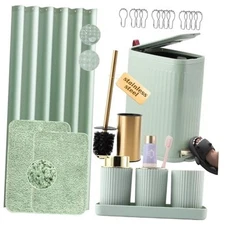 Bathroom 9-Piece Bath Set with Shower Curtain and Rugs Green and Gold