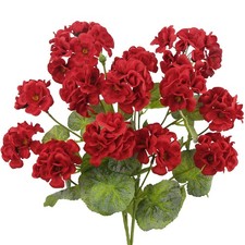 2 Pcs Artificial Geraniums for Outdoors Faux Silk Red Geraniums Realistic