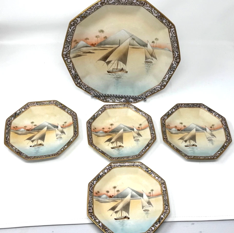 1921 Nippon Porcelain HandPaint Egyptian Revival 1 Lg & 4 Sm Bowls Camel Pyramid - Image 2 of 4