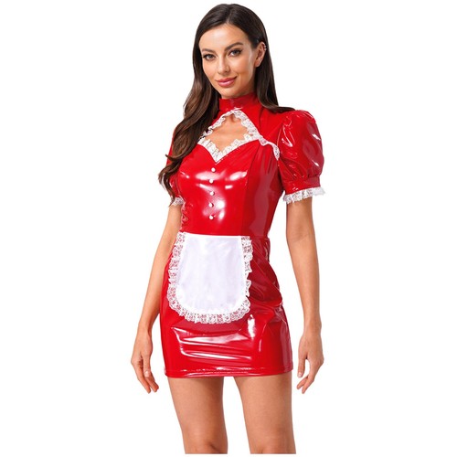 Women's French Maid Shiny Latex Lace Maid Dress Cosplay Party Nightclub Outfits - Picture 15 of 44