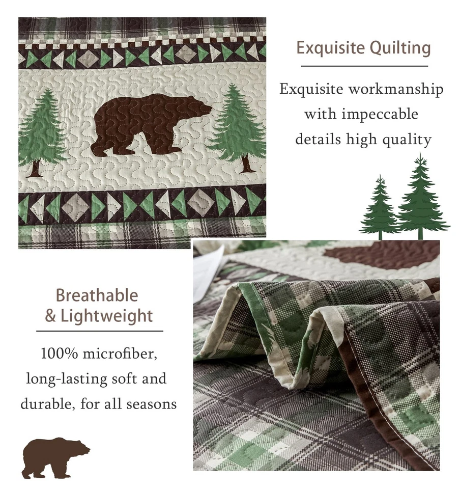 Juego de colcha colcha de cabina rústica tamaño queen, 3 piezas marrón oso verde... Foto 4 de 4
