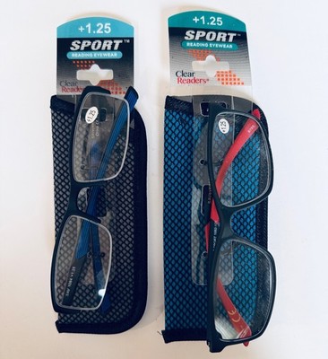 Lot 2 SAV SPORT Clear Readers Mens +1.25 Eyewear with Case - Black Blue Red