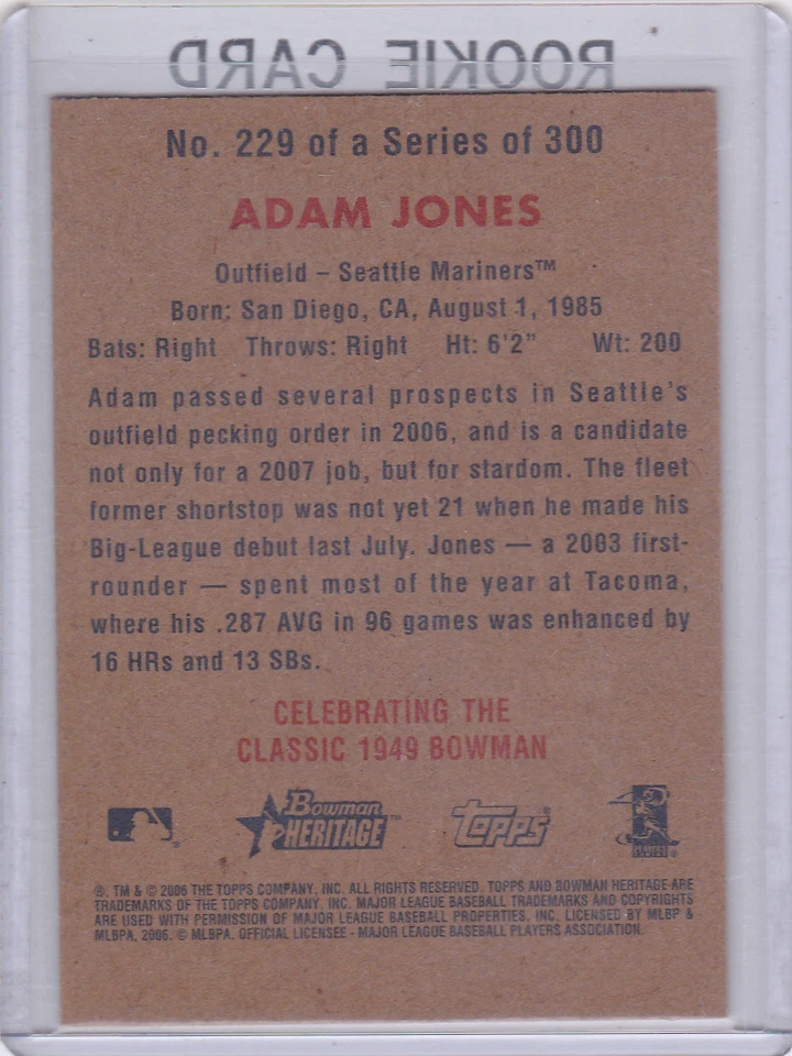 ADAM JONES ROOKIE CARD Baltimore Orioles 2006 Bowman Heritage BASEBALL M's RC - Image 2 of 2