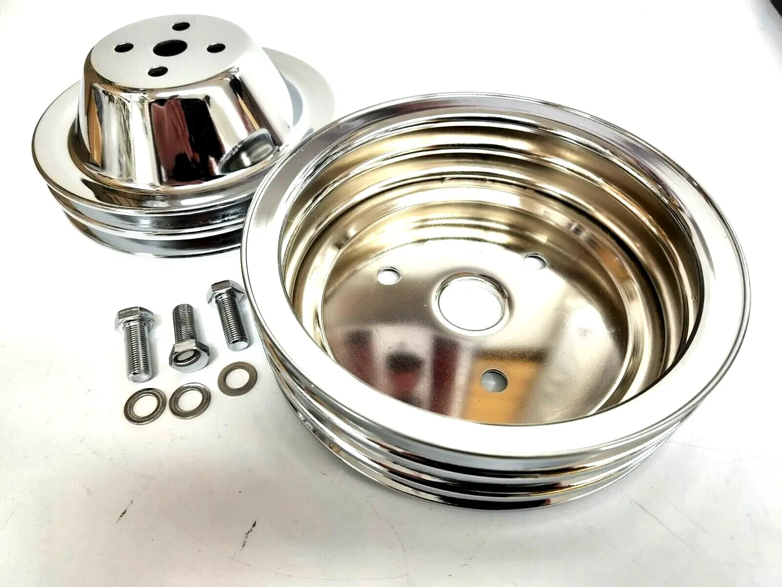 SB Chevy Short Water Pump Steel Pulley Kit SBC 2 Grove Upper 3 Grove Lower 350