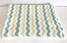Vintage Hand Crocheted Baby Afghan Unisex Ripple Zig Zag Blanket 32 x 45" Yellow