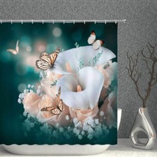 Flower Butterfly Shower Curtain Pink Rose Bathroom Decor with Hooks 72 Inches