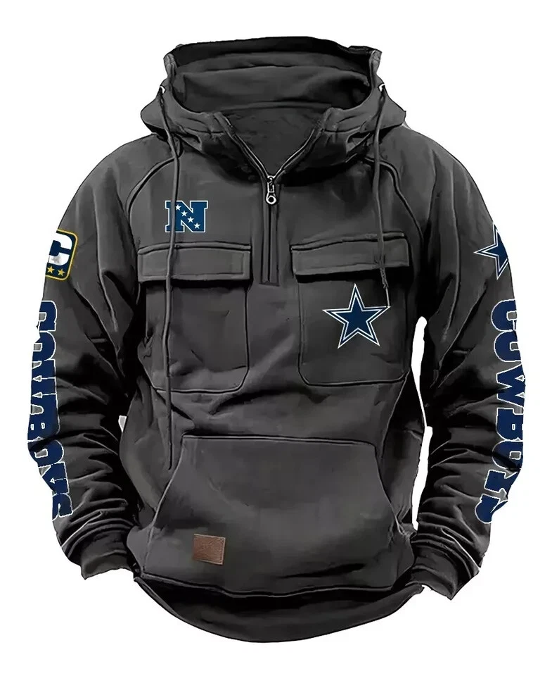 New York Football Team Men's Quarter Zip Cargo Hoodies