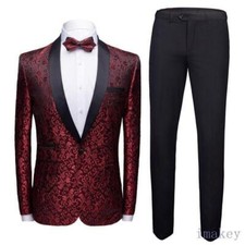 Mens Floral Print Coat Stage Groom Formal Suit Dress Slim Fit Blazer Pants 2PCS