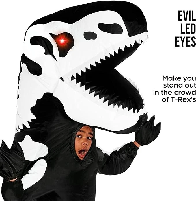 Disfraz de esqueleto inflable T Rex para niños ojos iluminados soplar dinosaurio Halloween Foto 2 de 4