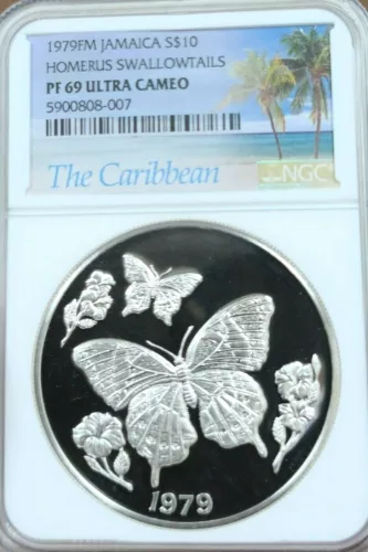 1979 JAMAICA SILVER 10 DOLLARS HOMERUS SWALLOWTAILS NGC PF 69 ULTRA CAMEO SCARCE