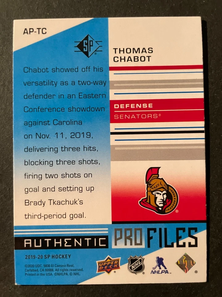 Thomas CHABOT 2019-20 Upper Deck SP Authentic Profiles Blue Parallel #AP-TC - Image 2 of 2