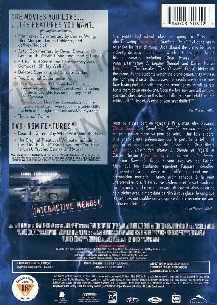 Final Destination DVD (2000) Devon Sawa, Ali Larter, Kerr Smith