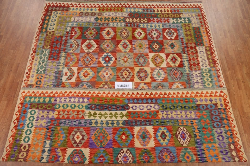 Tribal Colorful Reversible Kilim Hand Woven Area Rug 10'x13' Room Size Carpet - Image 3 of 4