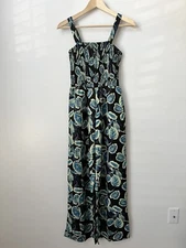 Runway Ready black green leaf print smock  wide leg polyester jumpsuit M Romper