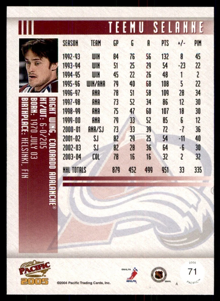 2004-05 Pacific Teemu Selanne Colorado Avalanche #71 - Image 2 of 2