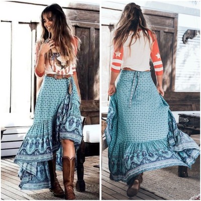 SPELL Womens Size S or 8 / US 4 Aqua Blue Sunset Road Maxi Wrap Skirt ULTRA RARE