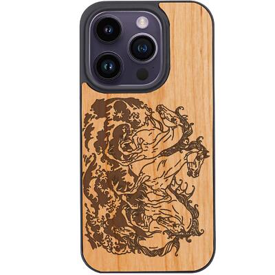 Horse Sea For iPhone 15 Pro Plus 14 13 12 Wood Shockproof Phone Magsafe Case
