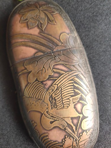 China carved old man under pine trees crane lotus copper bronze glasses case box - Picture 6 of 6