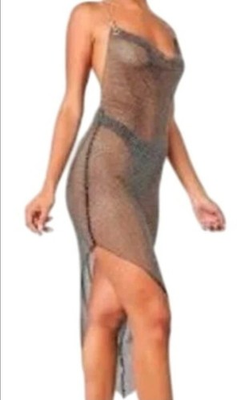 #ad PrettyLittleThing White Diamante Cowl Neck Mesh Dress Medium $15.00