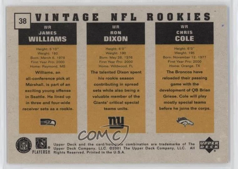 2000 Vintage Preview /1500 Chris Cole Ron Dixon James Williams #38 Rookie RC - Image 2 of 2