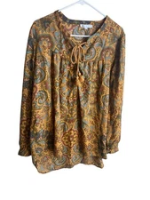 DR2 Sheer Paisley Print Blouse Size L Long Sleeve V Neck 3 buttons Tassel Tie