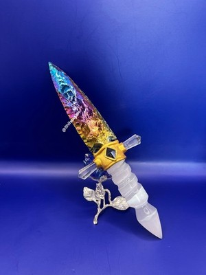 Rainbow Aura Quartz & Selenite Crystal Knife | Handmade Energy Healing Dagger |