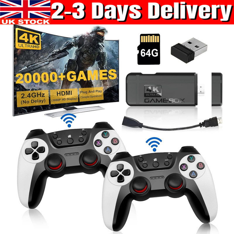 Wireless 4K TV Game Stick Console Built in 64GB 30000 Retro Games 2 Gamepad UK