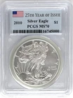 2010 SILVER EAGLE 25TH YEAR OF ISSUE PCGS MS70 FLAG BLUE LABE SPOTS
