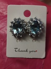 Beautiful Large Sterling Silver  Aquamarine Earrings W/White Sapphire Halo