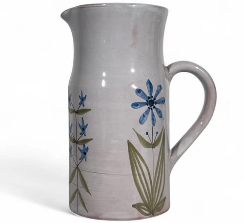 Roger Capron Pitcher Signed Blue Flower Ceramic 50 Vallauris Era Picault