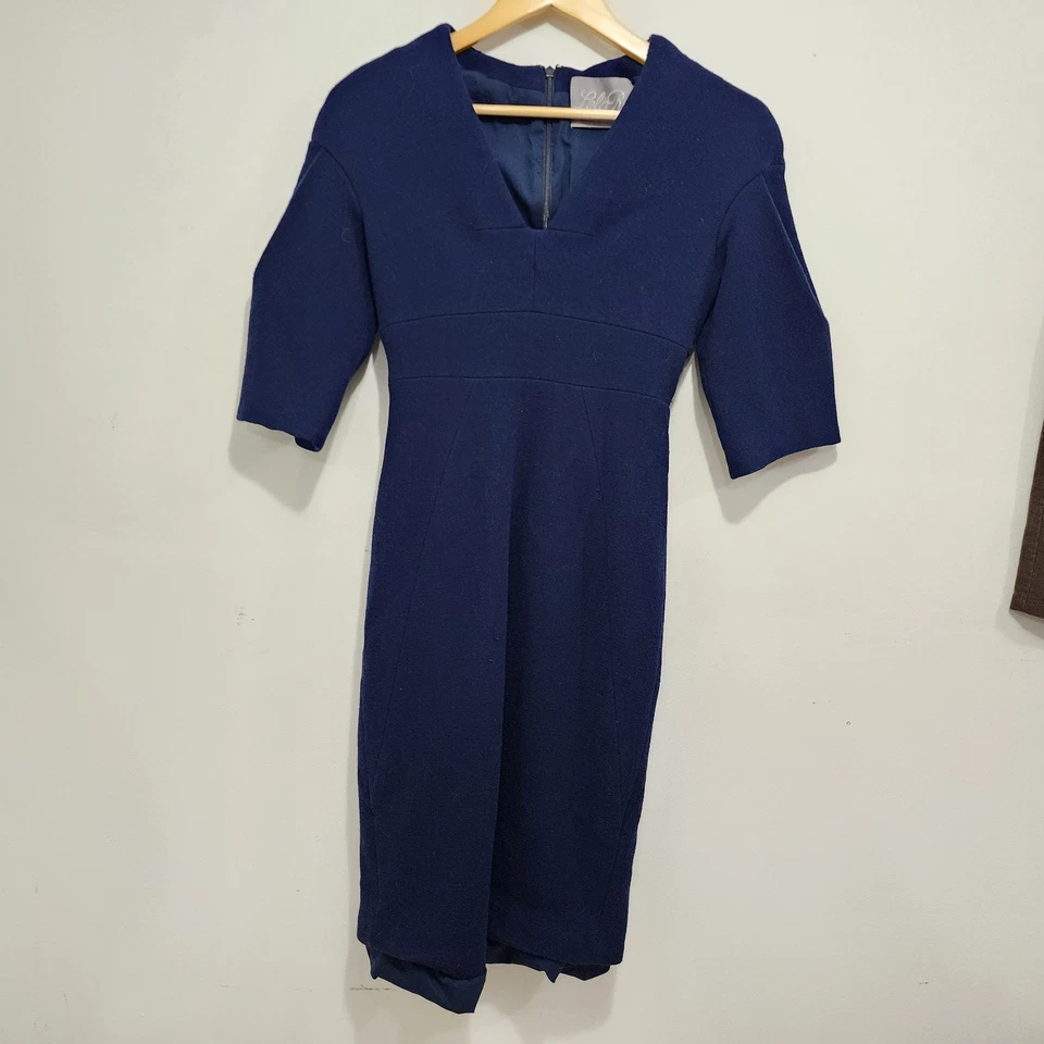 Vestido Lela Rose Media Manga Cuello en V Midi Azul Marino Lana Virgen Donna Pulson Trajes Talla 4 Foto 3 de 4