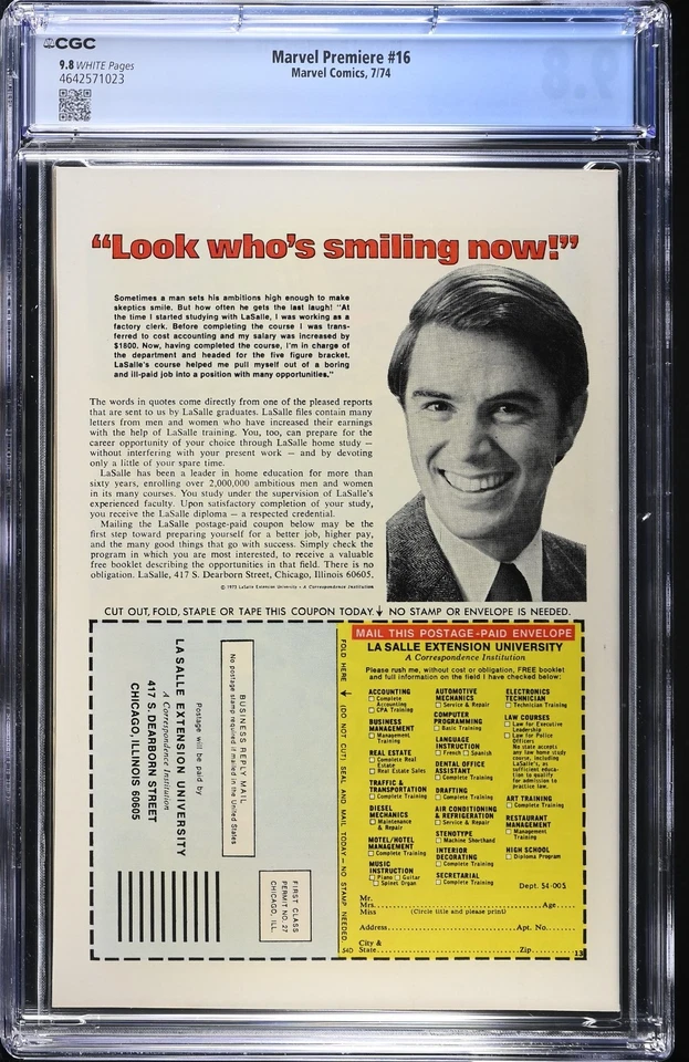 MARVEL PREMIERE #16 - CGC 9.8 - WP - NM/MT - 2ND IRON FIST - Image 2 of 2