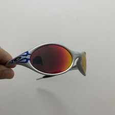 Retro Oakley Eye Jacket Blue Fire Sunglasses Sliver Frames Red Lenses