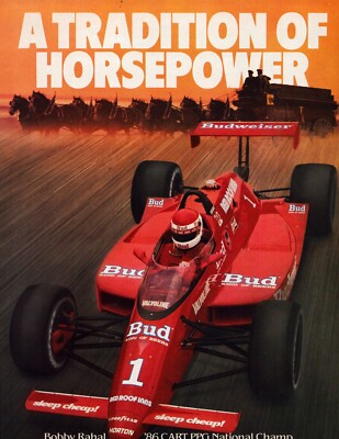 Vintage 1987 Budweiser Print Ad Bobby Rahal Clydesdales