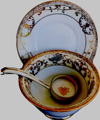 Noritake made in Japan.Hand painted Salad plate,spoon & soup boil,gold trim.
