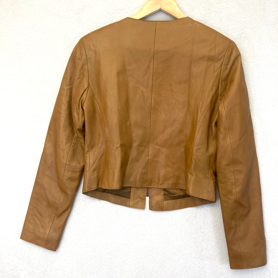 Chaqueta corta deportiva vintage VAKKO 100 % cuero para mujer grande marrón camel tostado Foto 4 de 4