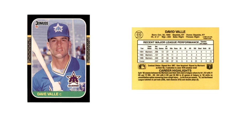 1987 Donruss Dave Valle Baseball Cards #610 - Image 3 of 3