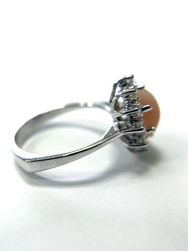 Anillo Estate Oro Blanco 14k Cabujón Coral y Diamantes Talla 6.5 Euro Vástago Banda Foto 4 de 4