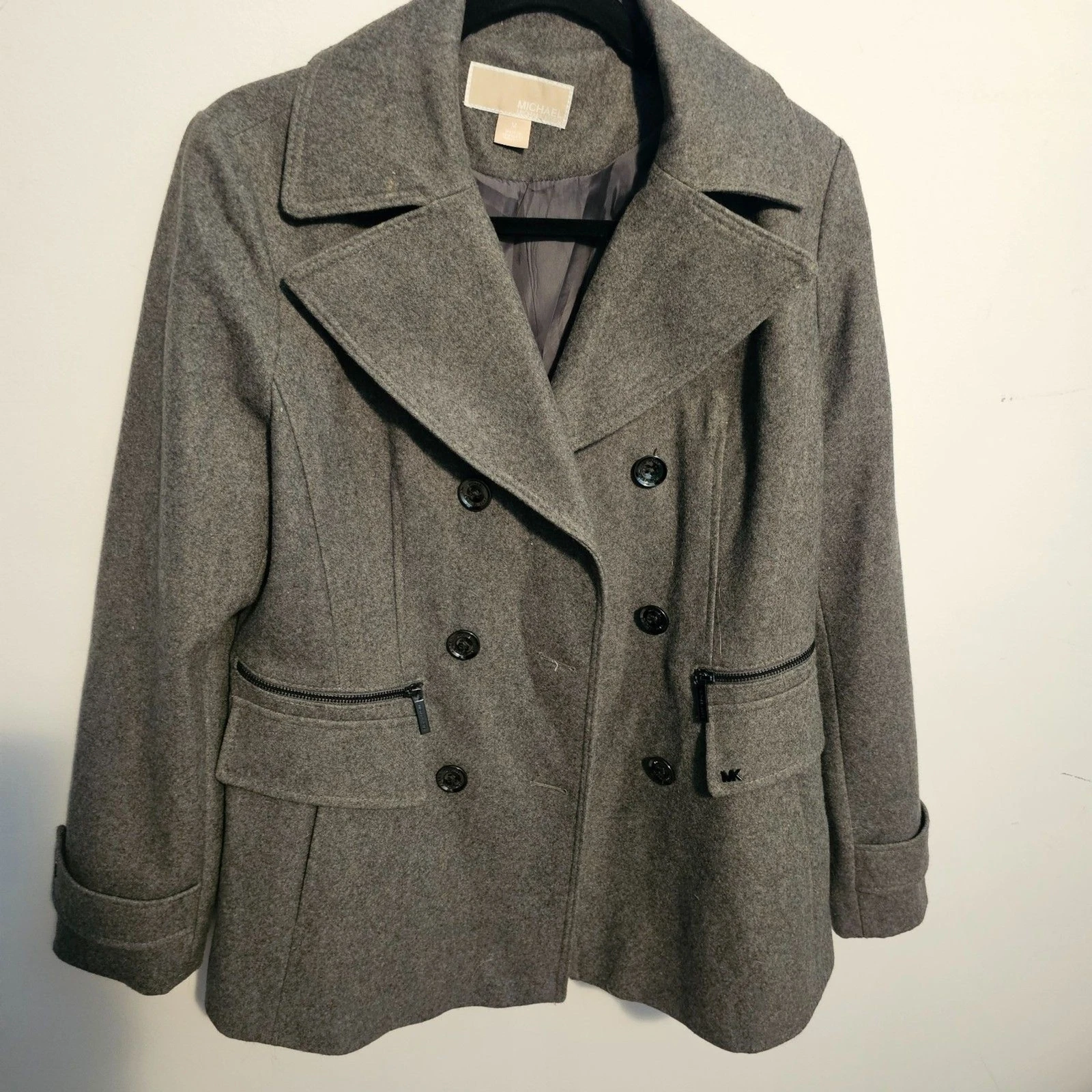 Cappotto Michael Kors grigio lana pea doppiopetto zip tasche donna medio