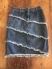 VTG 90s striped frayed denim skirt boho unique style dark wash form fitting look