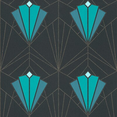 Debona Isadora Art Deco Retro Glitzer Struktur Schwarz Türkis Gold Tapete 2493