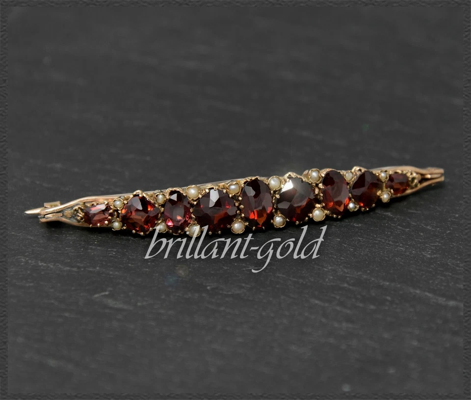 Antike Brosche mit 8ct Granaten & Perlen, aus 585 Gold, Rotgold, um 1900 - Bild 1 von 4