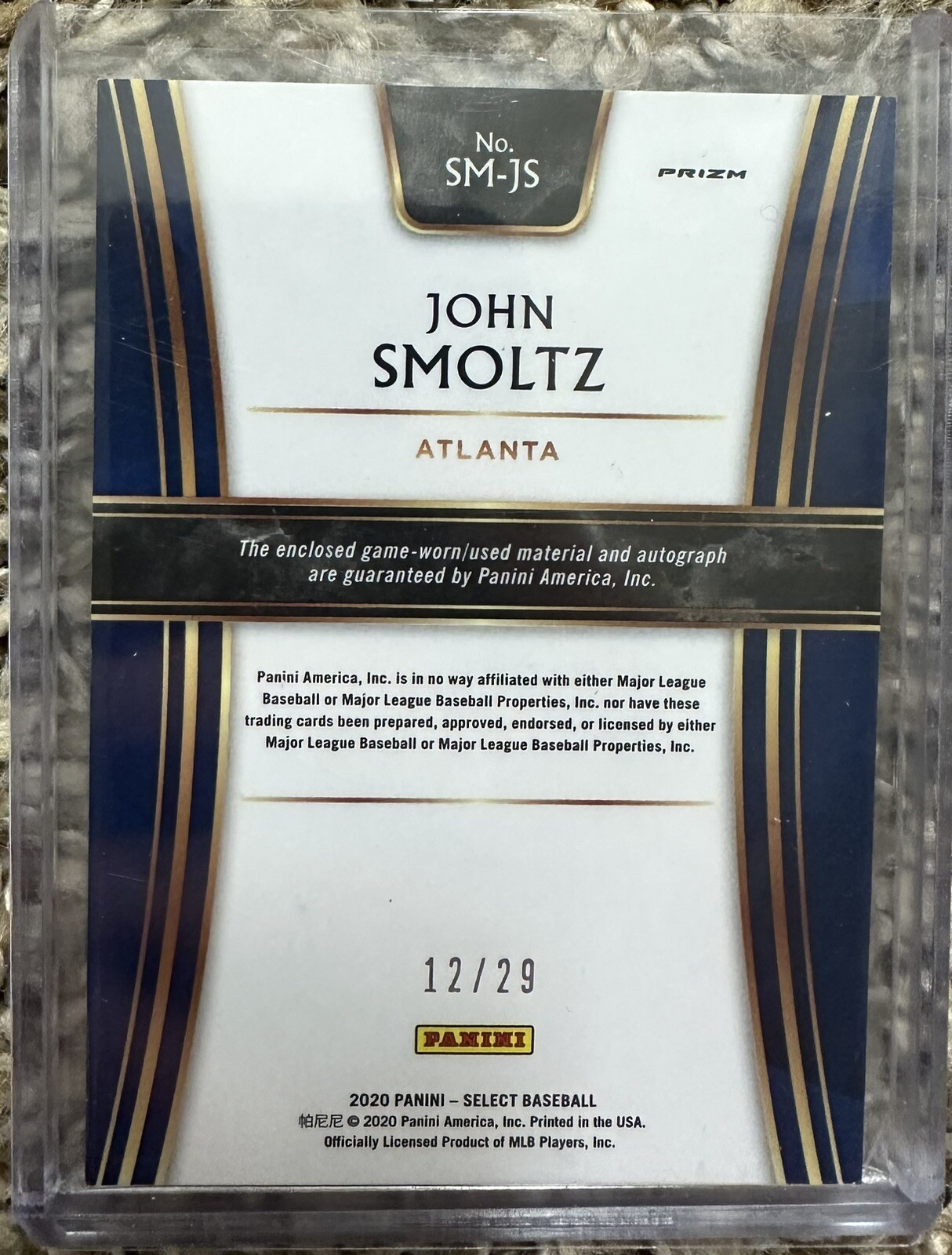 2020 Select Baseball Tri-Color John Smoltz Game Used Jersey Auto #12/29 Braves view 2
