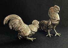 Vintage Pair Of Silver Plated On Solid Brass Chicken / Cockerel / Rooster Figuri