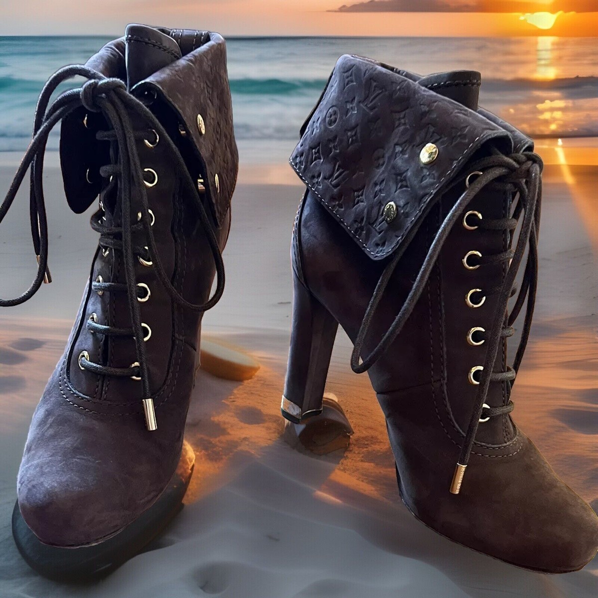 Louis Vuitton Brown Suede Monogram Combat Boots Booties Heels Sz