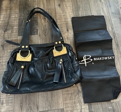B Makowsky Black Soft Leather Shoulder Bag Gold Hardware Zippered Front Pockets