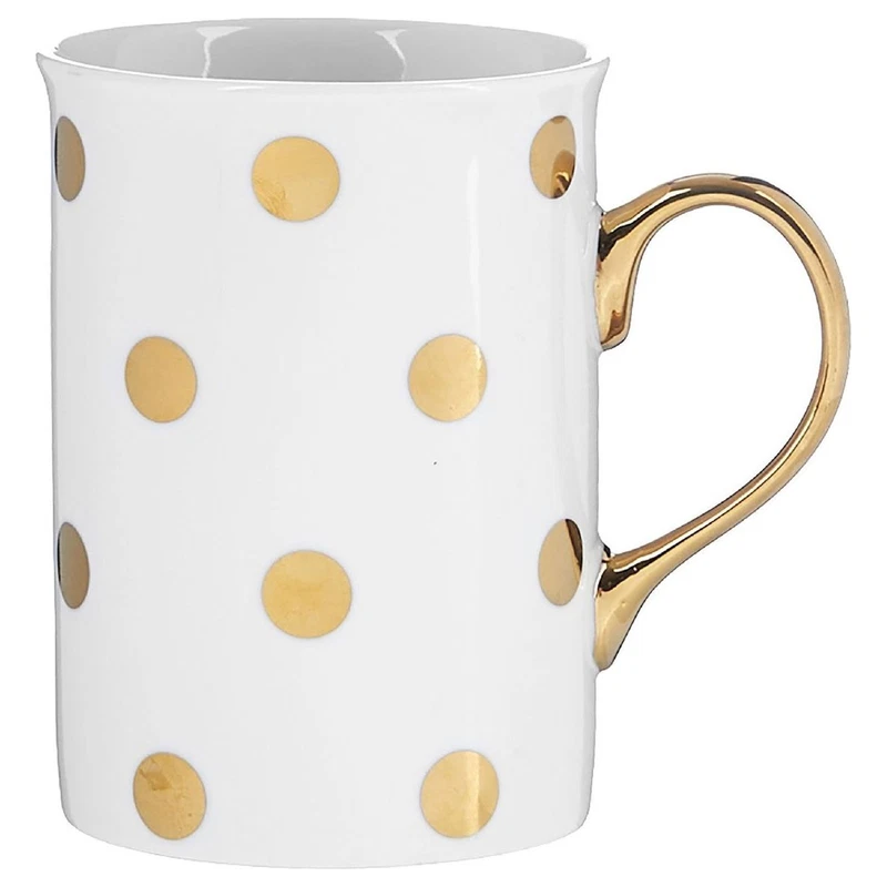 Set 2 Tazze Mug New Bone China Pois Dorati Manico Oro Evviva 310 ml Porcellana